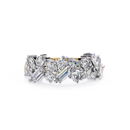 A top view showing diamonds set in a yellow gold ring with a modern design.