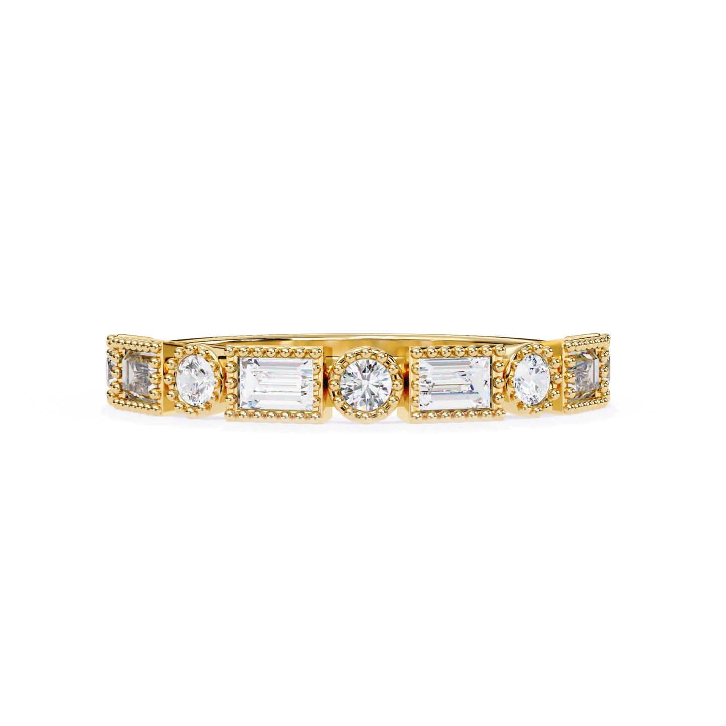 Close-Up Of Yellow Gold Diamond Band Featuring Rectangular And Round Stones