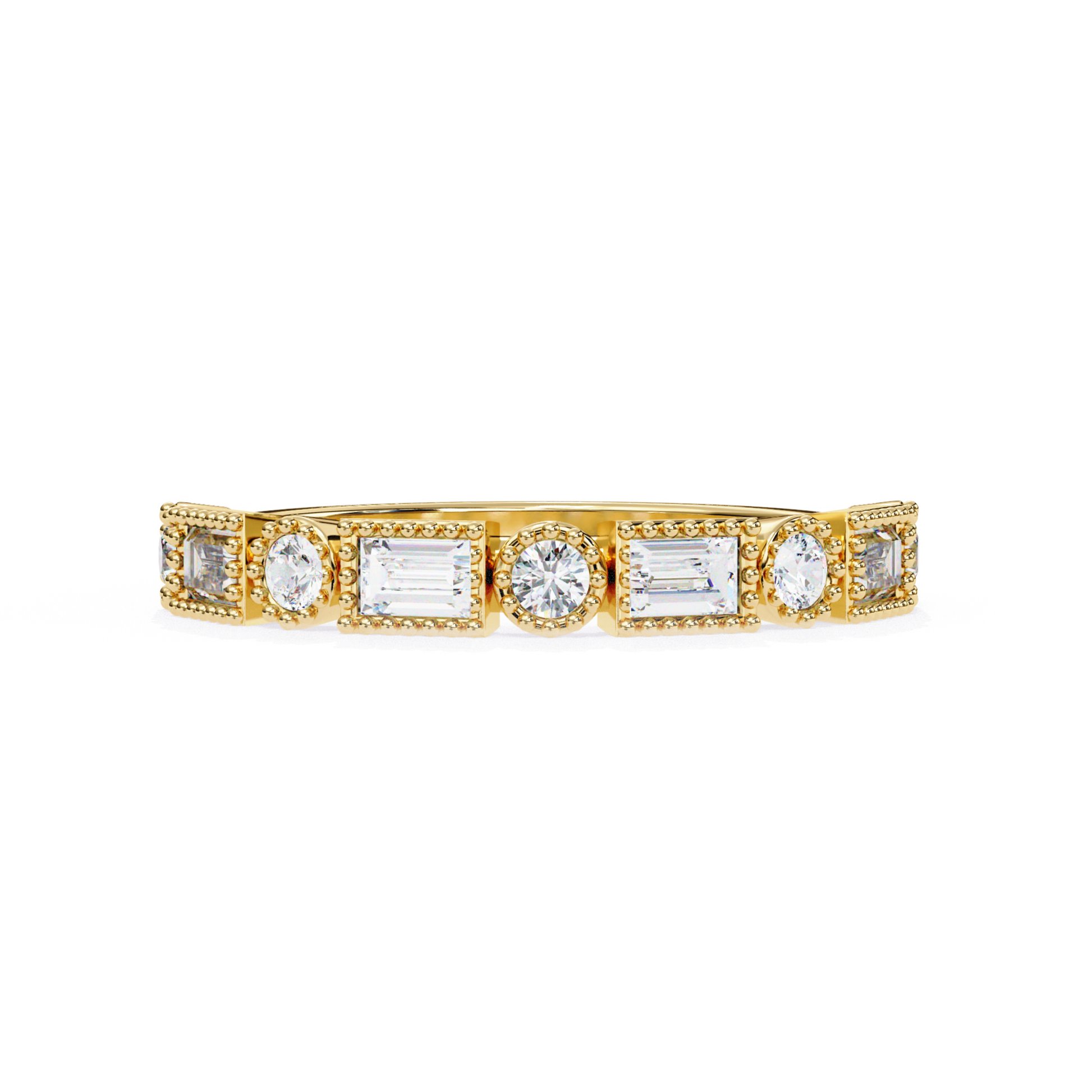 Close-Up Of Yellow Gold Diamond Band Featuring Rectangular And Round Stones