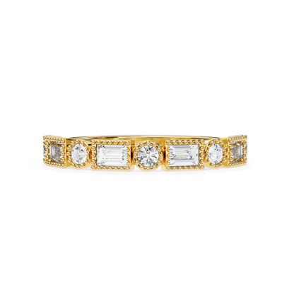 Close-Up Of Yellow Gold Diamond Band Featuring Rectangular And Round Stones