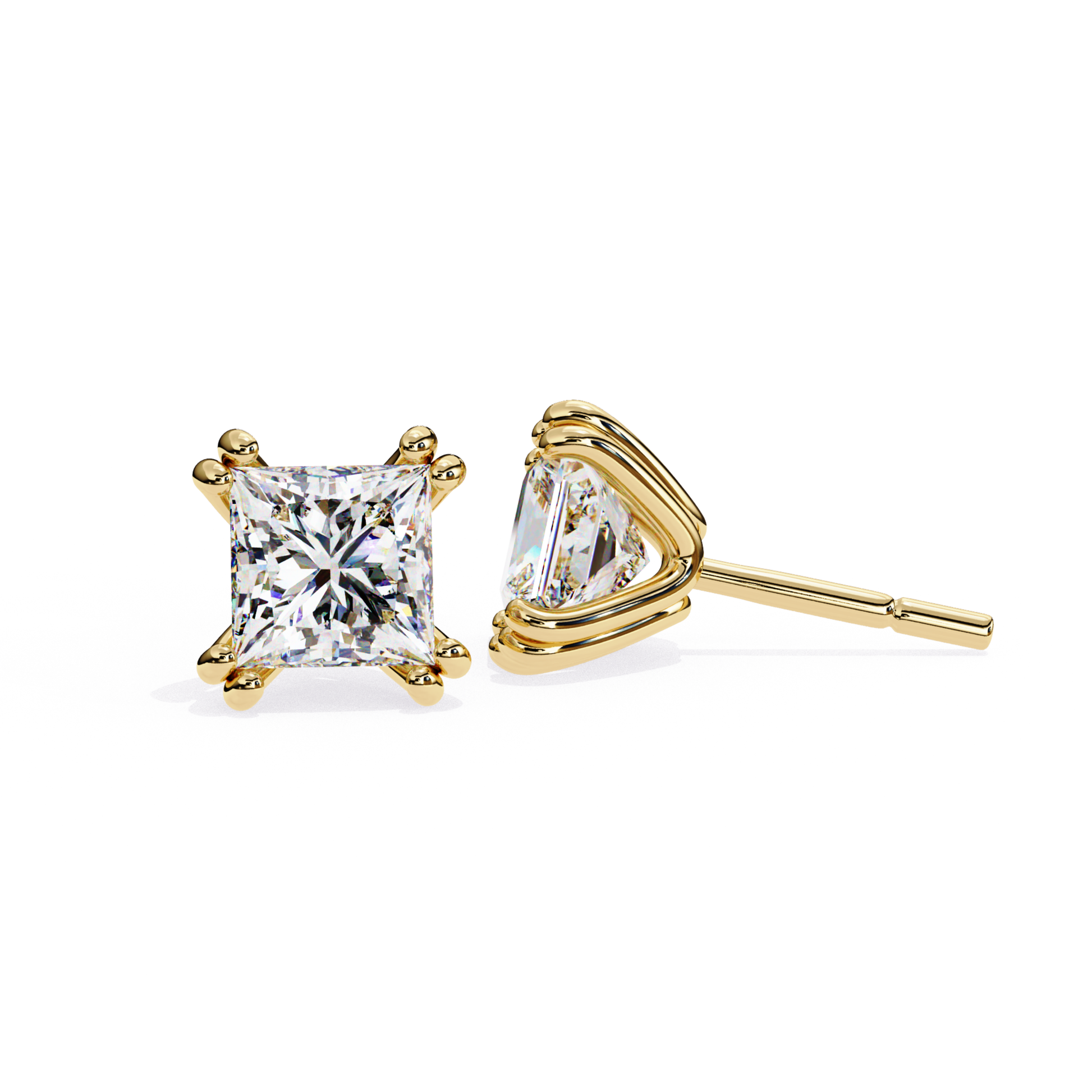 Yellow gold diamond stud earrings with four prong setting shown front and side view