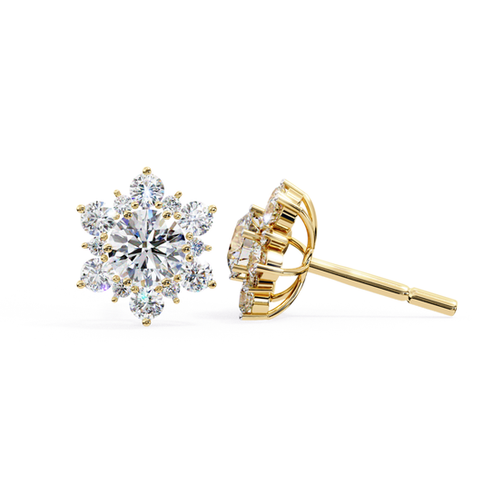Yellow gold flower cluster diamond stud earrings with round center stone