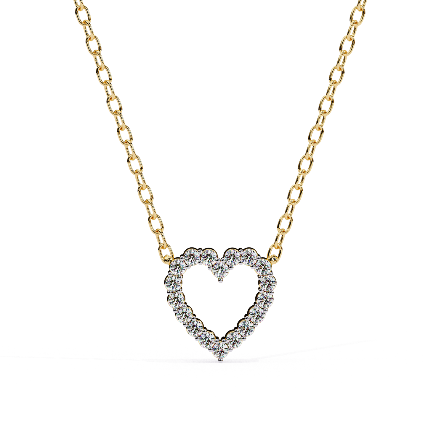 Heart-shaped diamond pendant necklace in gold with diamonds outlining the heart