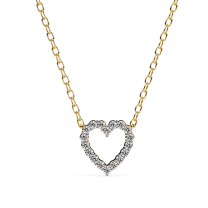 Heart-shaped diamond pendant necklace in gold with diamonds outlining the heart
