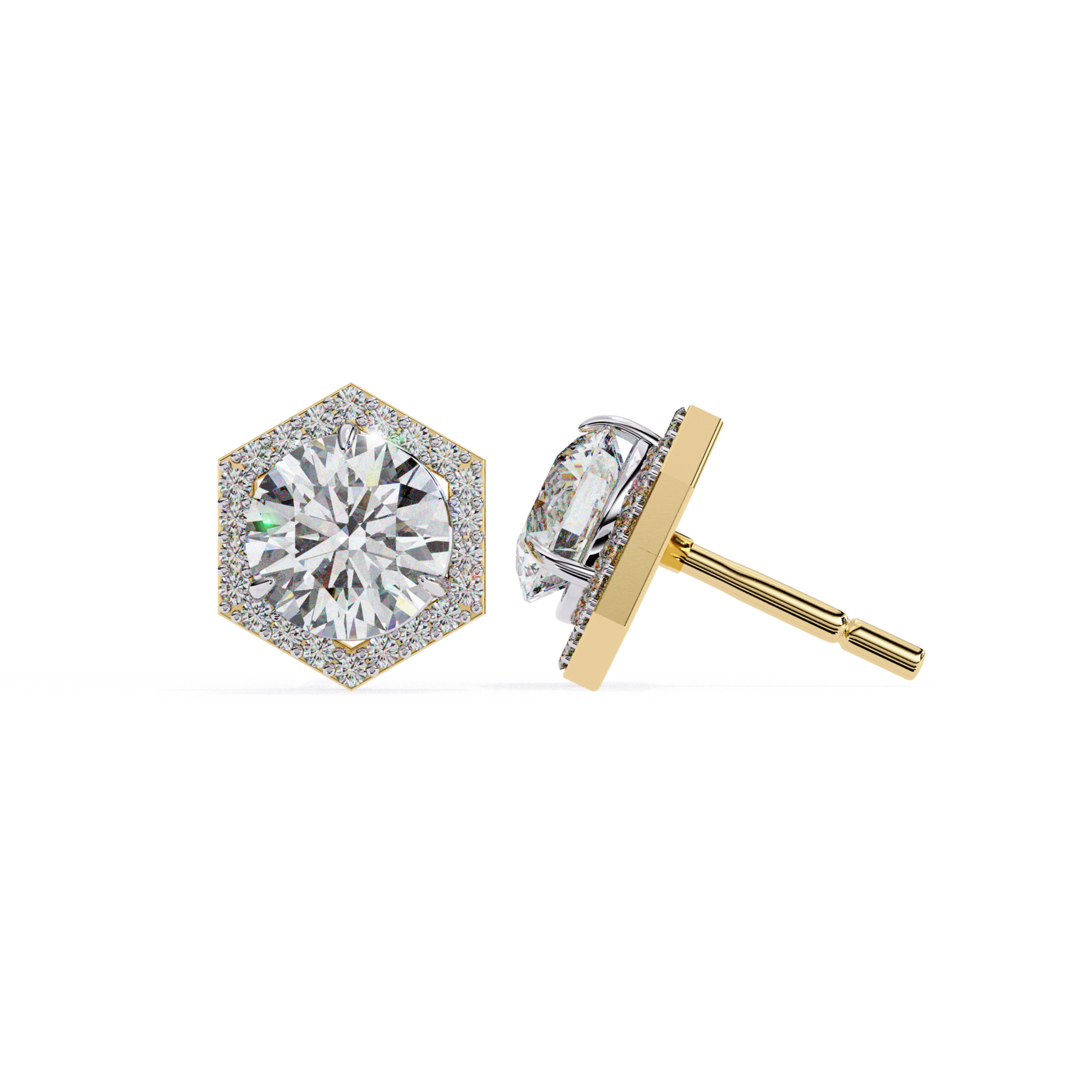 Sophisticated yellow gold hexagonal stud earrings with a dazzling round-cut diamond at the center, encased in a sparkling halo for added brilliance.