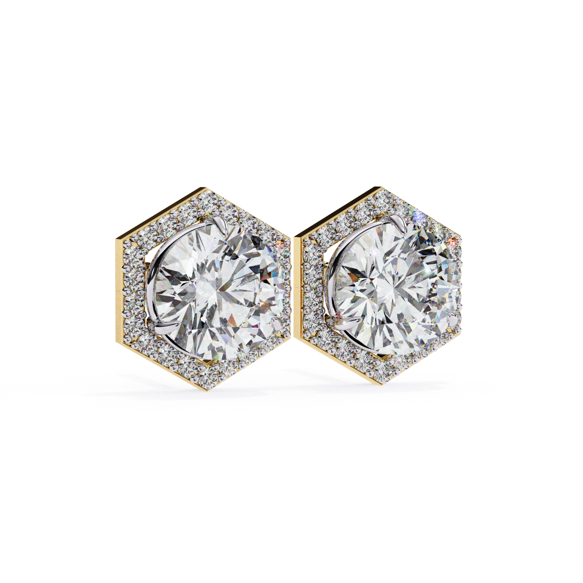 Timeless yellow gold hexagonal earrings featuring a brilliant round-cut diamond, encircled by a glittering halo of smaller diamonds for a refined and luxurious appearance.