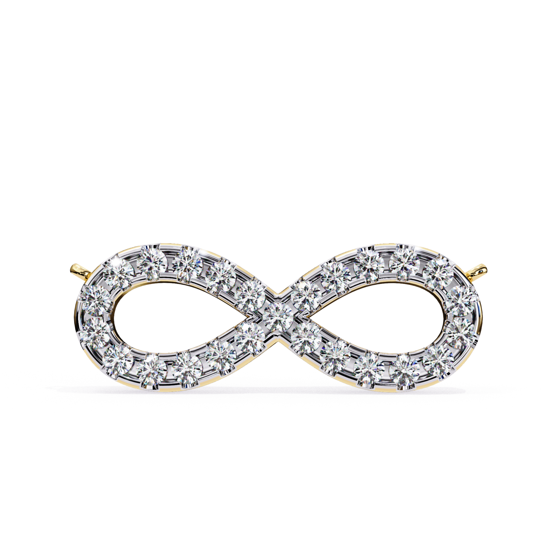 Yellow gold infinity-shaped brooch with round diamonds set along the curves.
