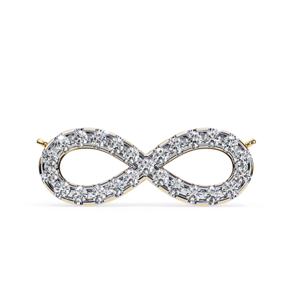 Yellow gold infinity-shaped brooch with round diamonds set along the curves.