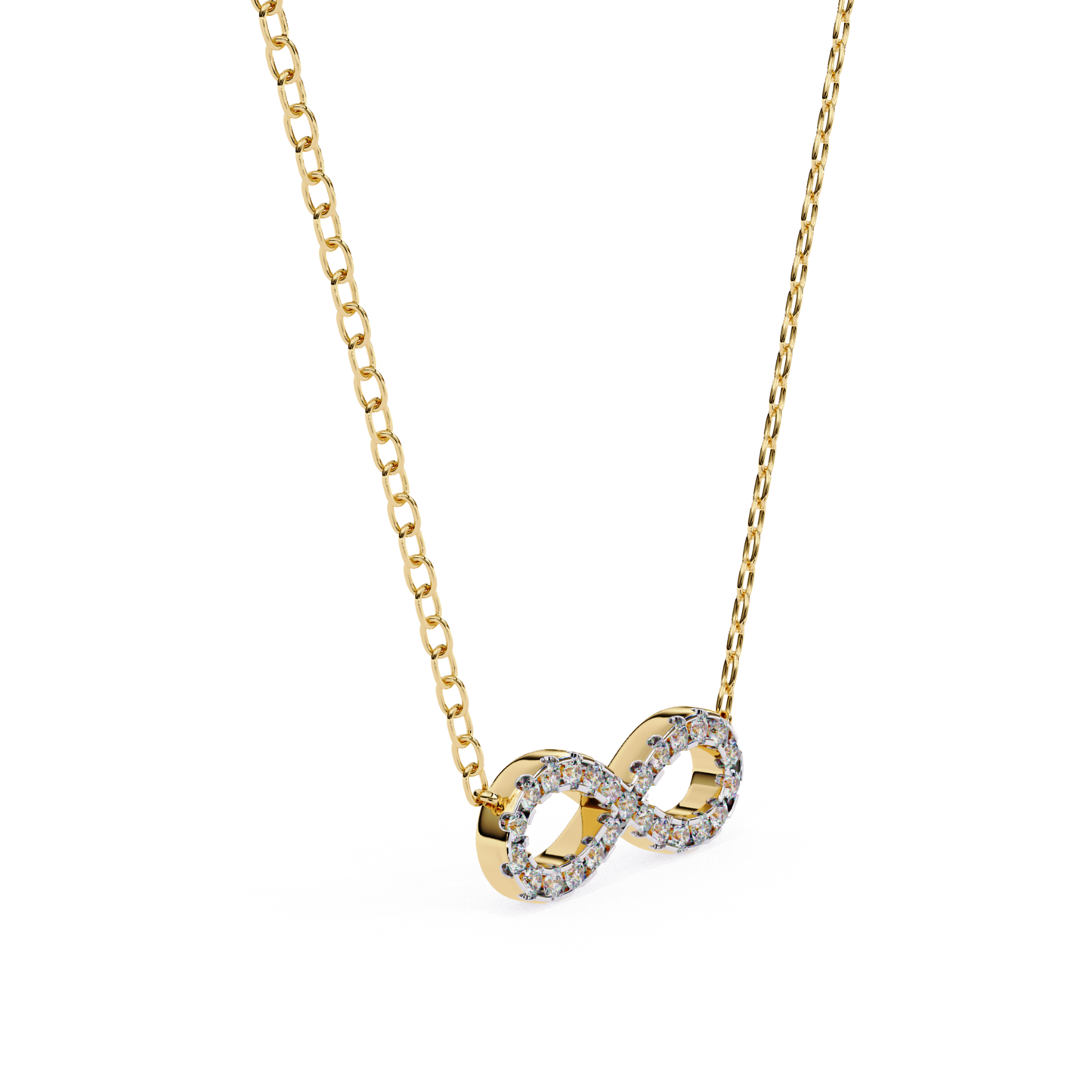 Yellow gold necklace with a double infinity-shaped pendant, set with round diamonds.