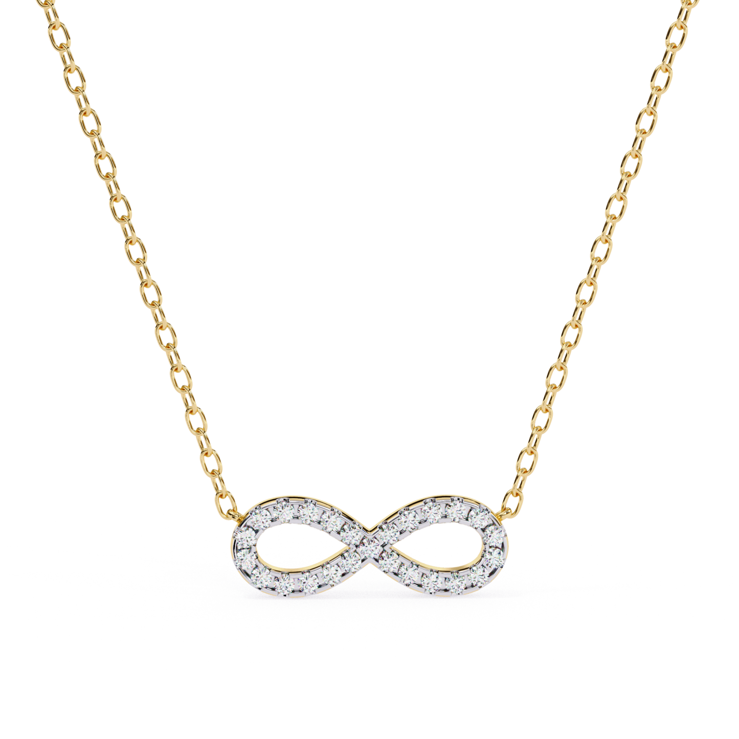 Yellow gold necklace with an infinity-shaped pendant adorned with round diamonds.