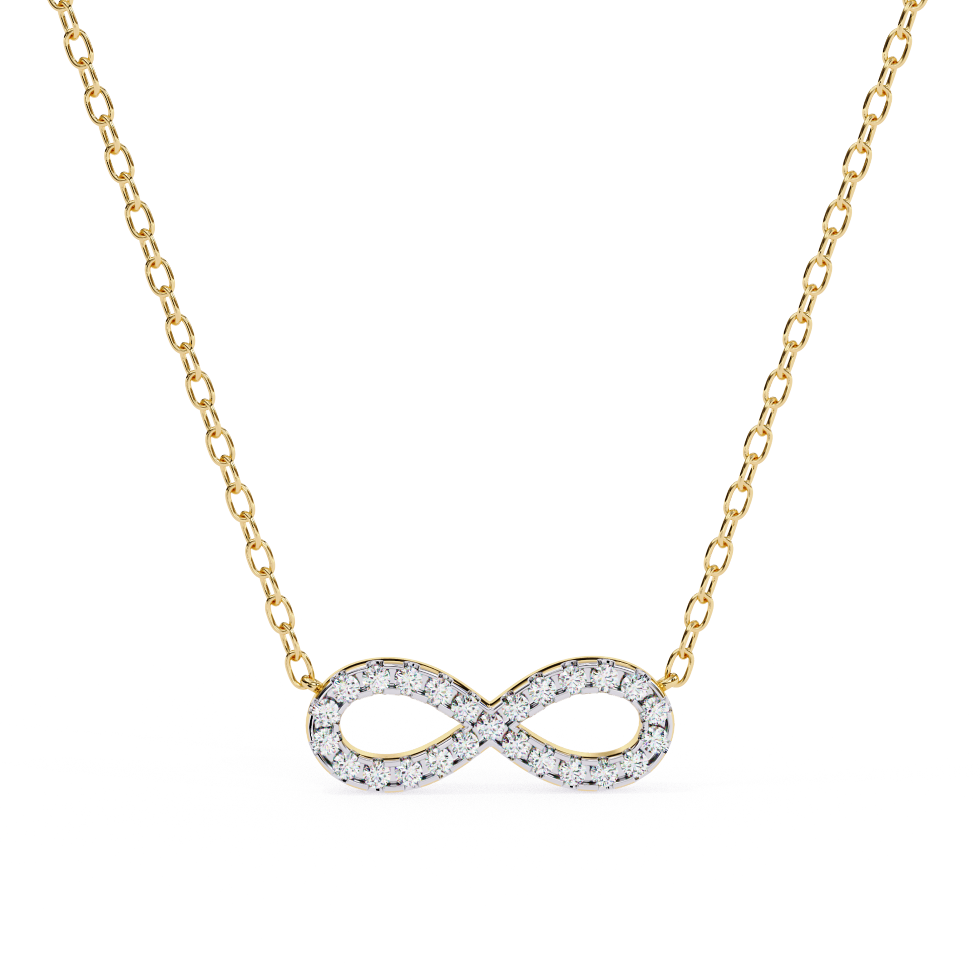 Yellow gold necklace with an infinity-shaped pendant adorned with round diamonds.