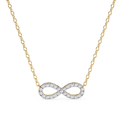 Yellow gold necklace with an infinity-shaped pendant adorned with round diamonds.