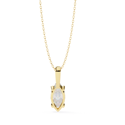 Back view of a yellow gold pendant with a marquise-cut diamond and prong setting.