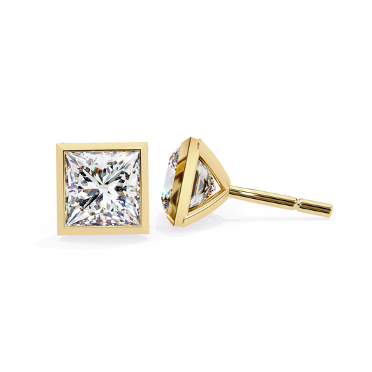 Sophisticated yellow gold stud earrings featuring a stunning princess-cut diamond set in a sleek square frame, radiating elegance and timeless style.