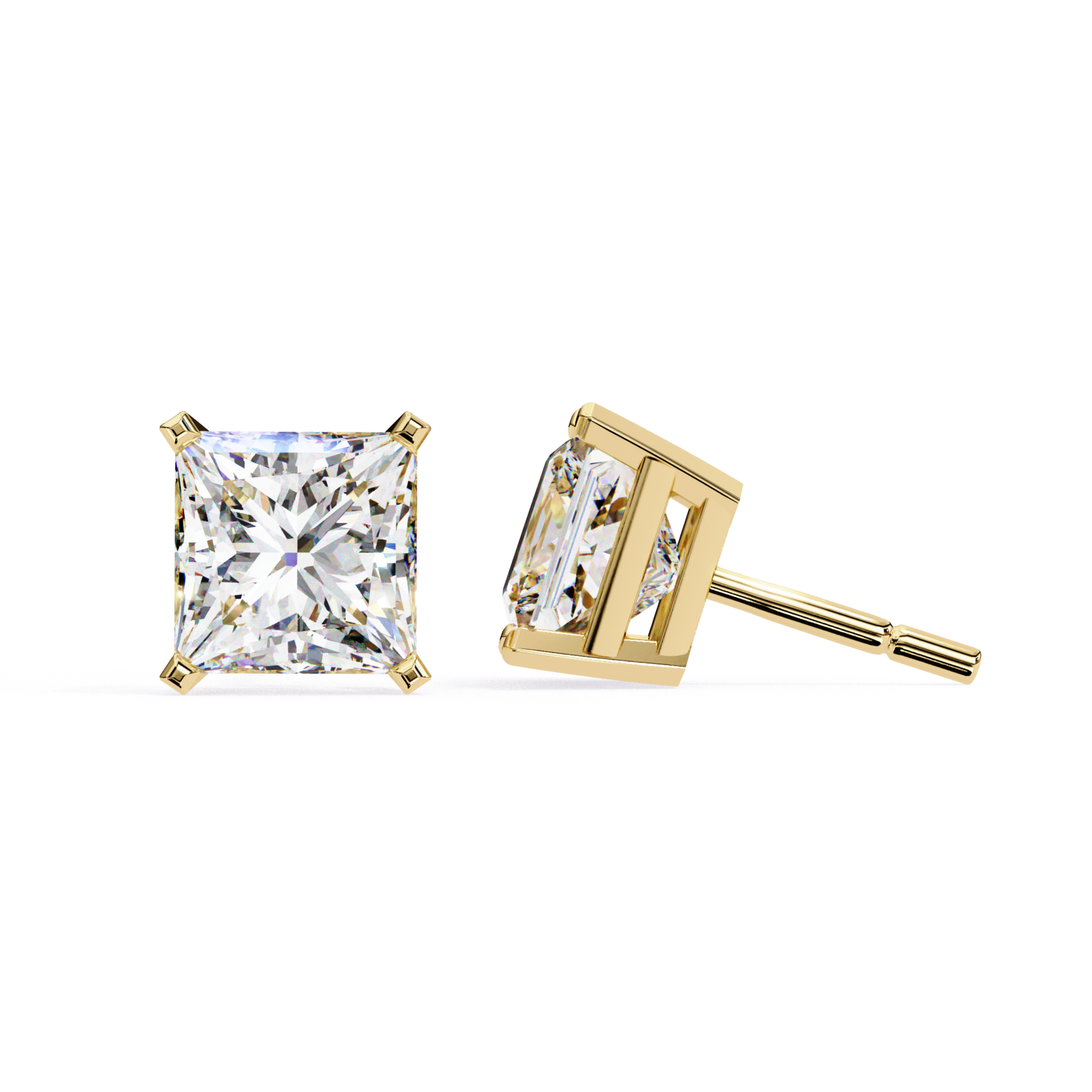 Radiant Cut Diamond Stud Earrings In Yellow Gold Four Prong Setting