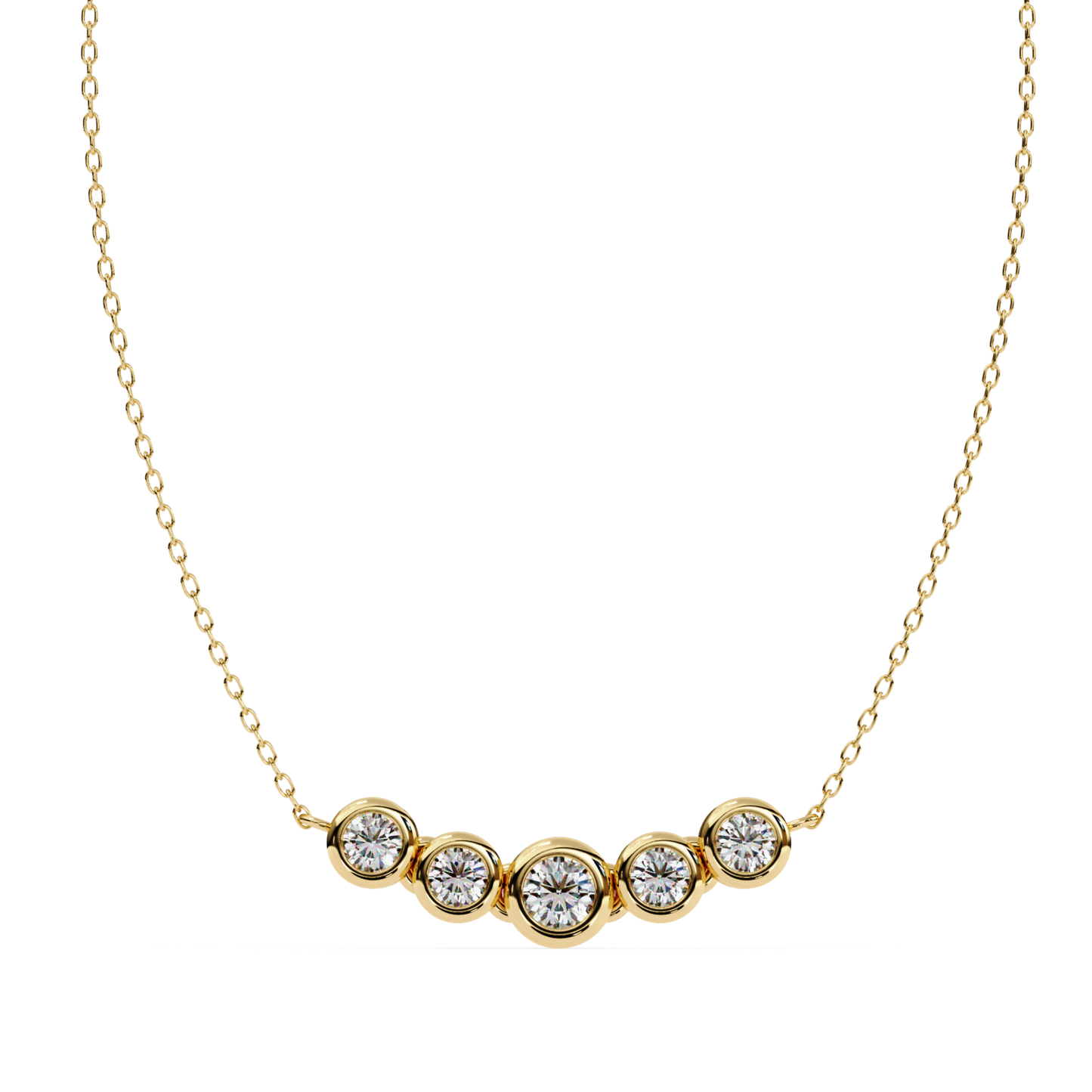 Round cut diamonds set in bezel joints on yellow gold necklace