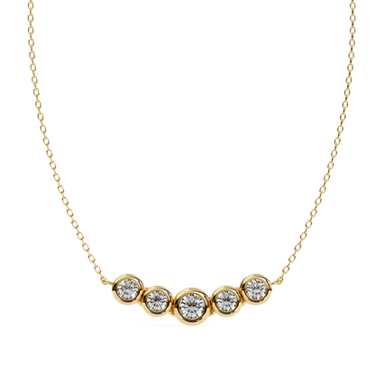 Round cut diamonds set in bezel joints on yellow gold necklace