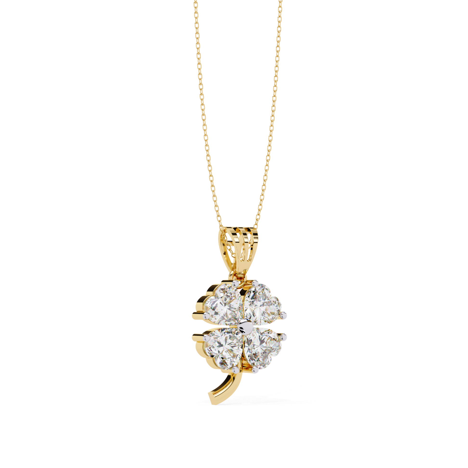 Yellow gold flower necklace with round diamonds side view