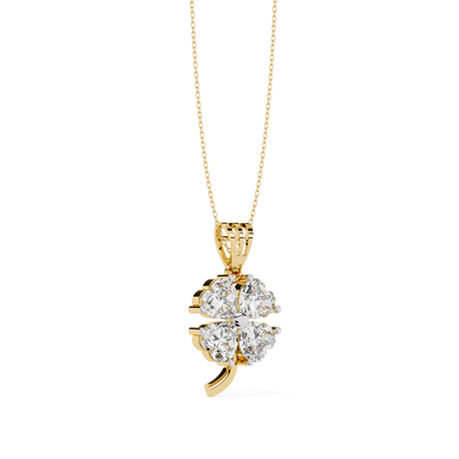 Yellow gold flower necklace with round diamonds side view