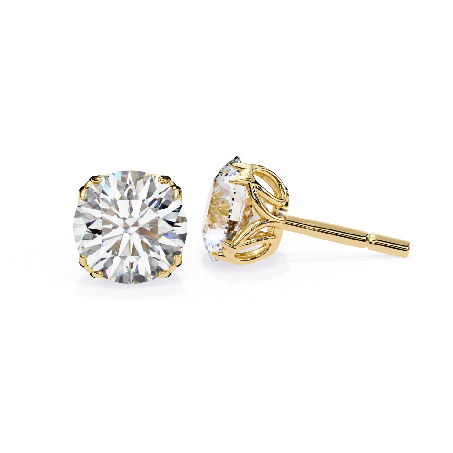 Yellow gold round diamond solitaire stud earring with open basket setting
