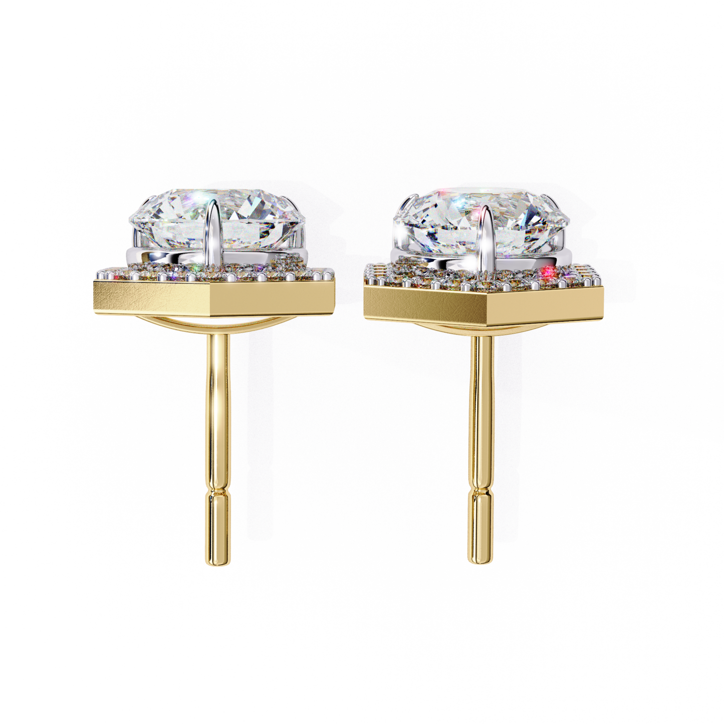 Elegant yellow gold square halo earrings featuring a round-cut diamond at the center, surrounded by a sparkling halo of smaller diamonds for a chic and luxurious design.