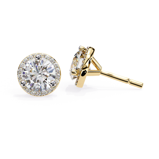 Yellow gold round diamond stud earrings with halo setting