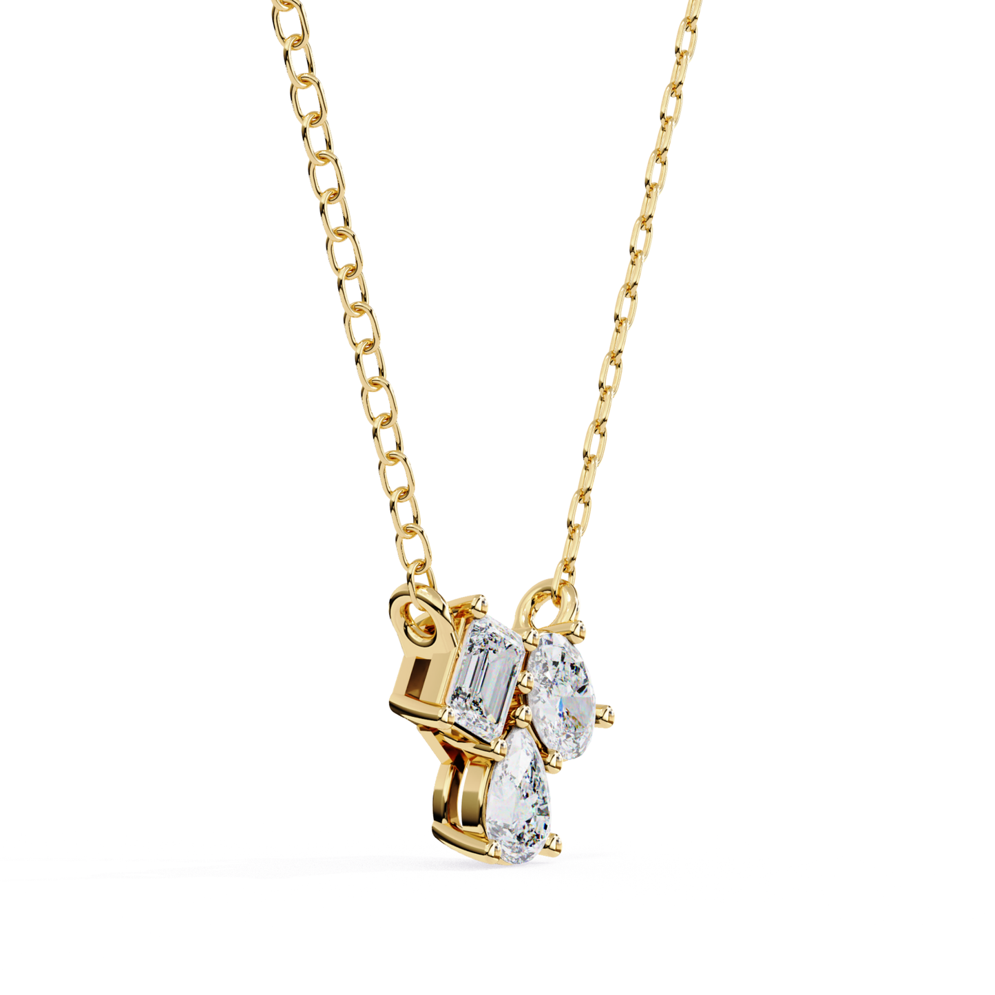 Yellow gold cluster pendant featuring three mixed shape diamonds