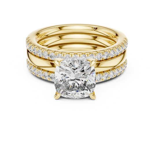 Yellow gold cushion cut diamond bridal ring set
Cushion cut diamond engagement ring set
Yellow gold diamond wedding ring stack
Cushion solitaire ring with diamond bands
Yellow gold bridal set with round diamonds
Luxury cushion cut diamond ring set
Diamond engagement ring with matching bands
Yellow gold cushion diamond wedding set
Elegant bridal ring stack with pave diamonds
Cushion cut solitaire diamond ring in gold