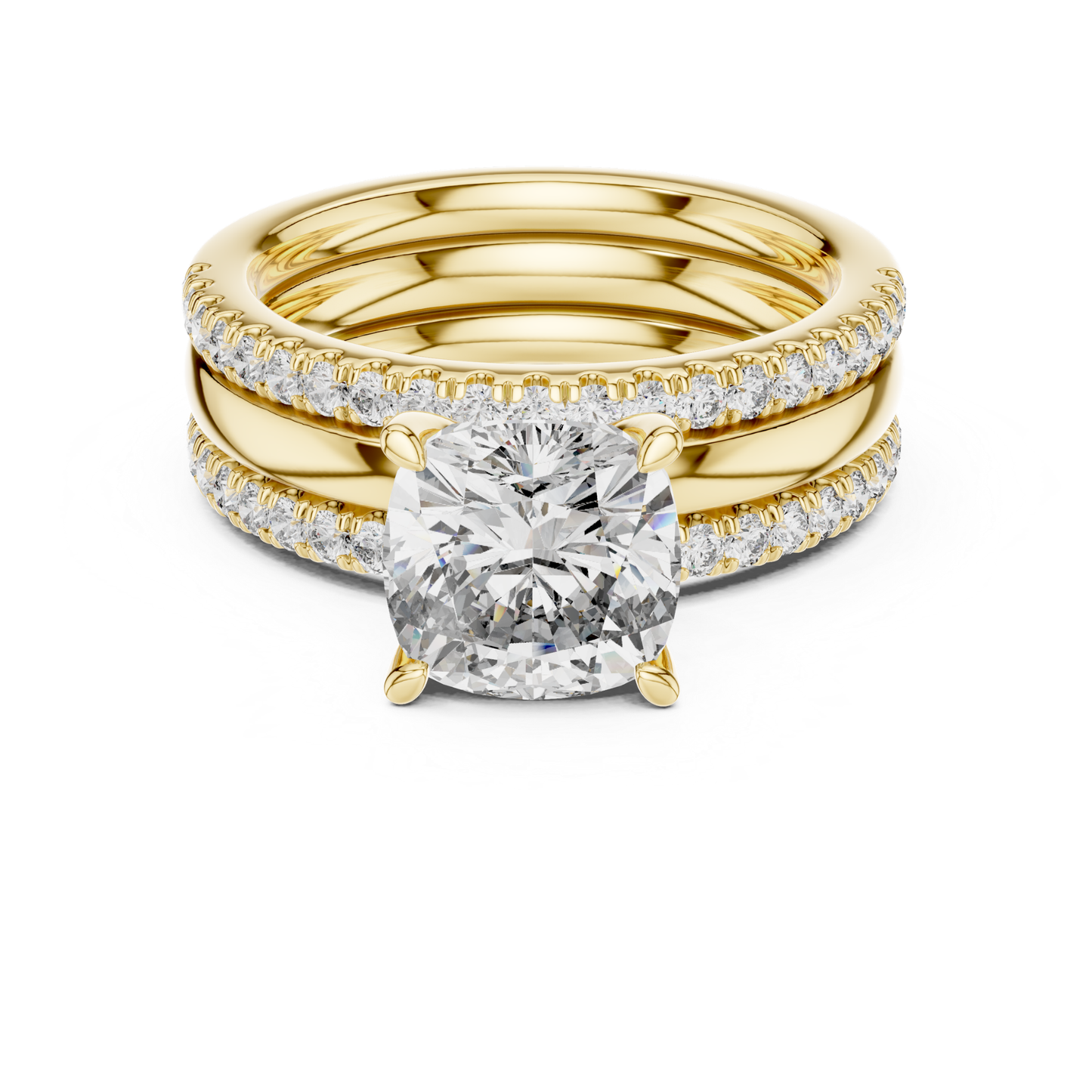 Yellow gold cushion cut diamond bridal ring set
Cushion cut diamond engagement ring set
Yellow gold diamond wedding ring stack
Cushion solitaire ring with diamond bands
Yellow gold bridal set with round diamonds
Luxury cushion cut diamond ring set
Diamond engagement ring with matching bands
Yellow gold cushion diamond wedding set
Elegant bridal ring stack with pave diamonds
Cushion cut solitaire diamond ring in gold