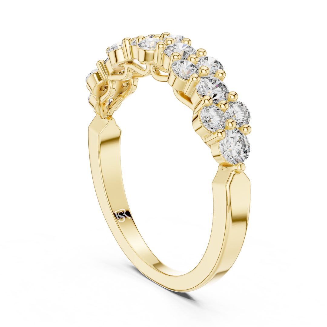 Vertical view yellow gold diamond cluster band
Yellow gold round diamond band upright angle
Diamond cluster wedding band vertical profile
Yellow gold multi diamond anniversary ring
Round diamond stackable band vertical view
Shared prong diamond band yellow gold
Yellow gold floral diamond band ring
Minimal diamond cluster ring upright angle
Yellow gold round diamond statement band
Upright yellow gold diamond wedding band