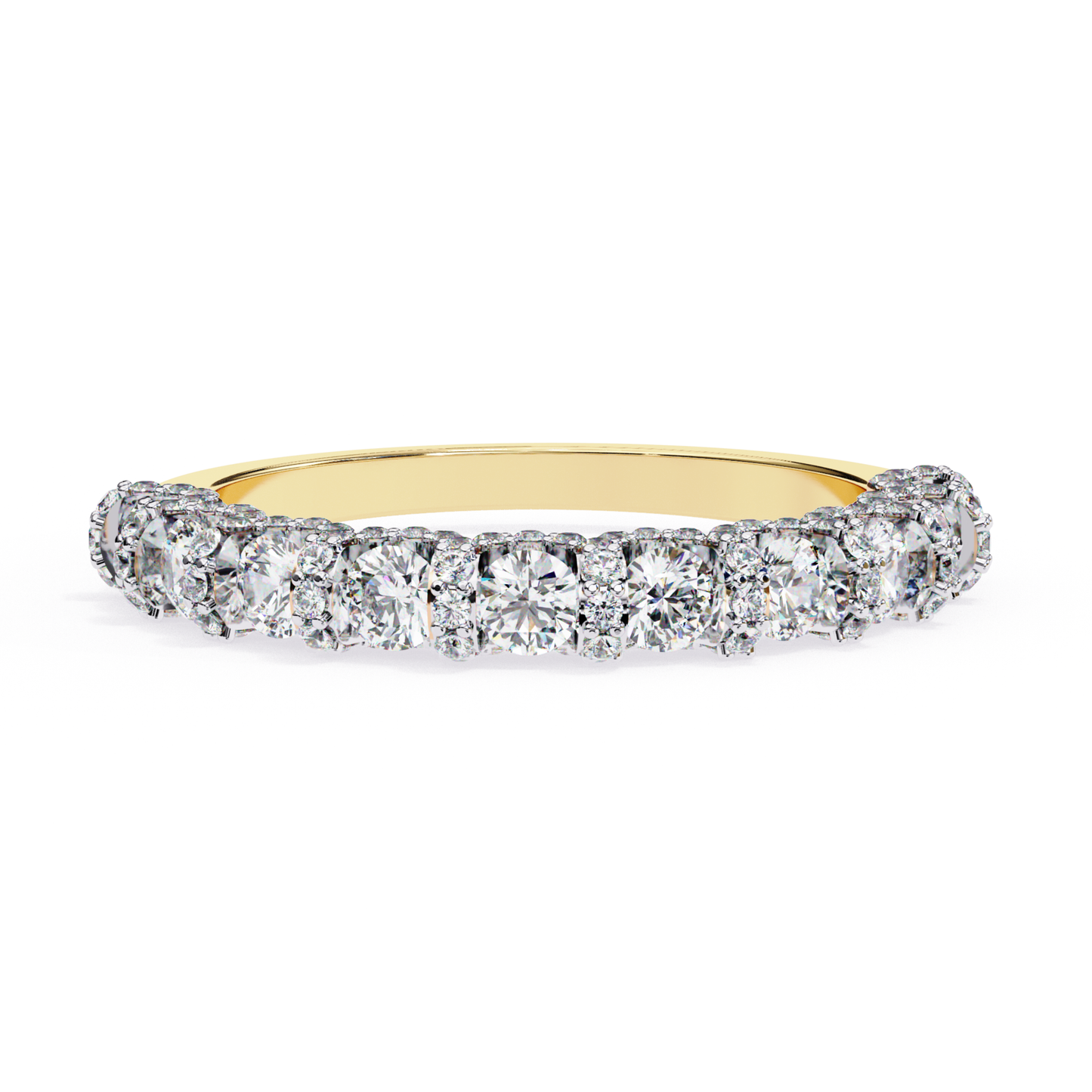Yellow gold diamond half band
Yellow gold ring with round diamonds
Diamond set yellow gold band
Yellow gold diamond band front
Round diamond yellow gold ring
Yellow gold band with diamonds
Diamond row yellow gold ring
Yellow gold diamond ring view
Polished yellow gold diamond band
Yellow gold ring diamond setting