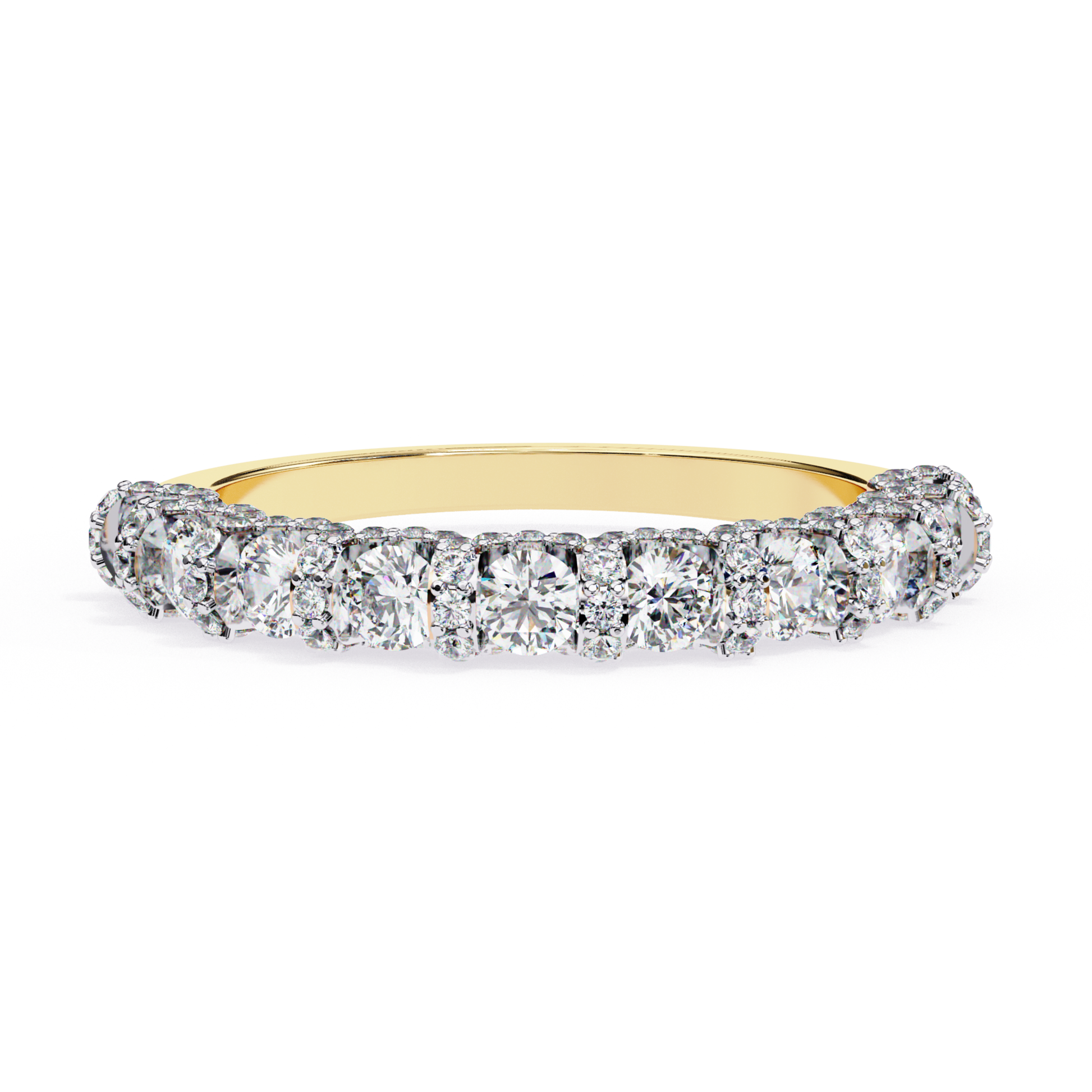 Yellow gold diamond half band
Yellow gold ring with round diamonds
Diamond set yellow gold band
Yellow gold diamond band front
Round diamond yellow gold ring
Yellow gold band with diamonds
Diamond row yellow gold ring
Yellow gold diamond ring view
Polished yellow gold diamond band
Yellow gold ring diamond setting