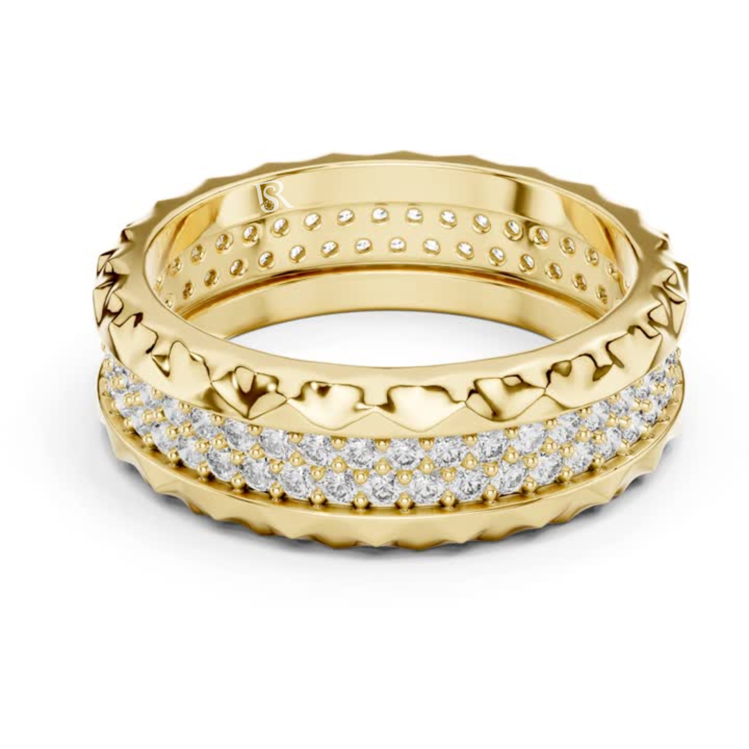 Yellow gold diamond eternity ring with double pave rows
Round diamond eternity band in polished yellow gold
Yellow gold wedding band with layered diamond setting
Modern yellow gold ring with sparkling round diamonds
Double row diamond band with textured yellow gold edges
Luxury yellow gold eternity ring with pave diamonds
Wide yellow gold diamond band with detailed pattern
Elegant yellow gold ring with continuous diamond rows
Yellow gold anniversary band with round cut diamonds
Statement yellow gold diamond