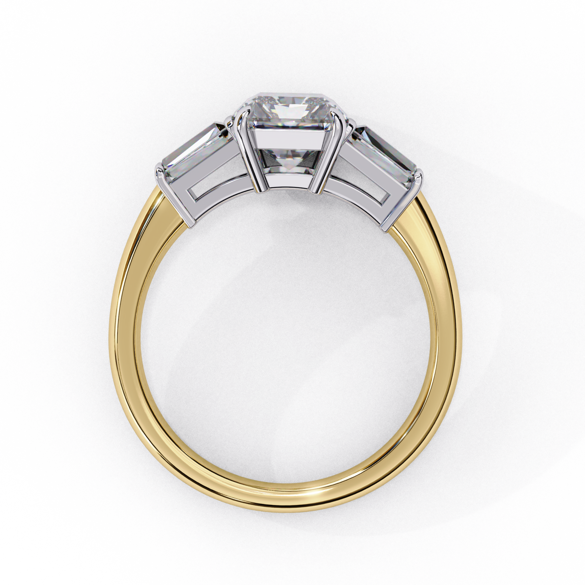 Emerald cut diamonds set in yellow gold
Side view of three stone diamond ring in yellow gold
Yellow gold band with emerald cut diamonds
Elegant yellow gold three stone ring
Top view of yellow gold emerald cut diamond ring
Close up of yellow gold three stone ring
Three emerald cut diamonds in yellow gold setting
Yellow gold three stone ring with emerald cut diamonds
Stylish yellow gold ring with emerald cut diamonds
