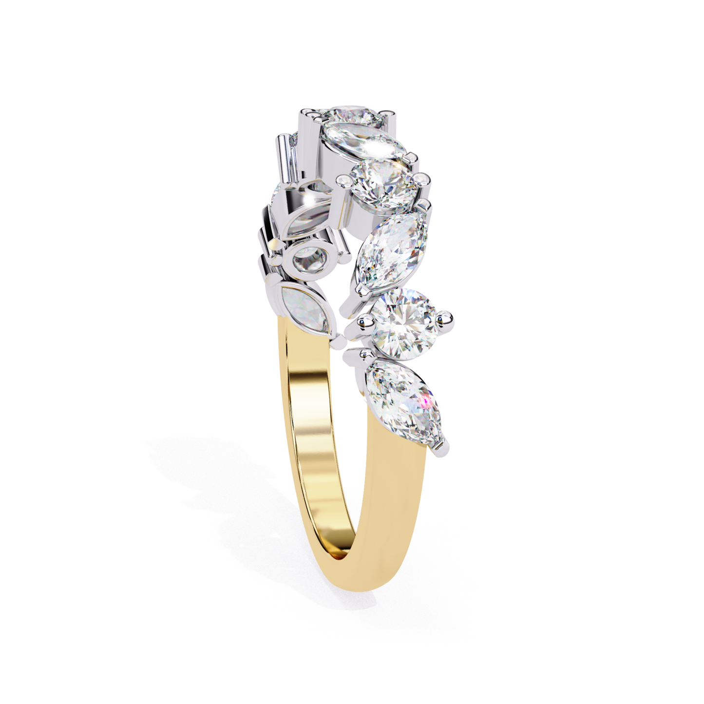 Yellow gold diamond side angle
Marquise round diamond view
Diamond curve band profile
Yellow gold diamond detail
Marquise diamond side look
Round diamond setting view
Diamond band edge view
Yellow gold diamond design
Diamond side setting style
Marquise diamond band view