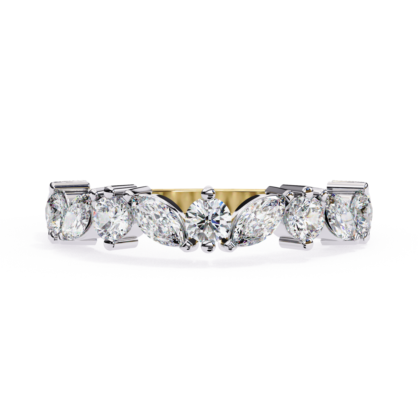 Front angle diamond ring
Marquise round stone layout
Yellow gold stone band
Prong diamond row view
Mixed cut diamond line
Straight diamond band view
Gold band stone setting
Marquise center stone angle
Diamond ring front view
Stone row gold band