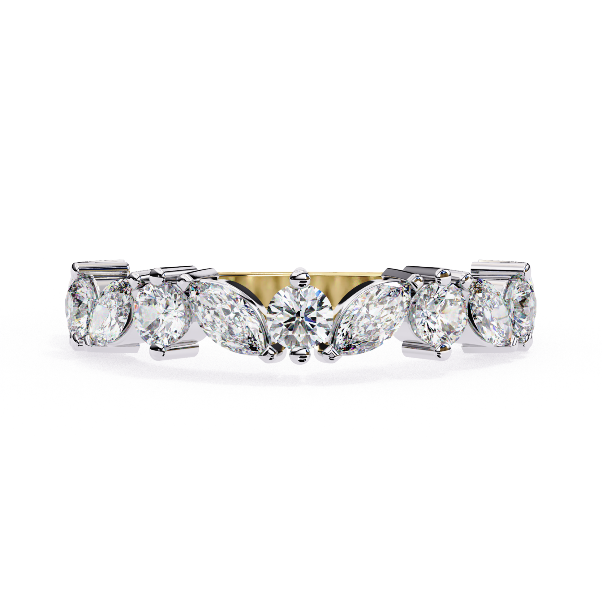Front angle diamond ring
Marquise round stone layout
Yellow gold stone band
Prong diamond row view
Mixed cut diamond line
Straight diamond band view
Gold band stone setting
Marquise center stone angle
Diamond ring front view
Stone row gold band