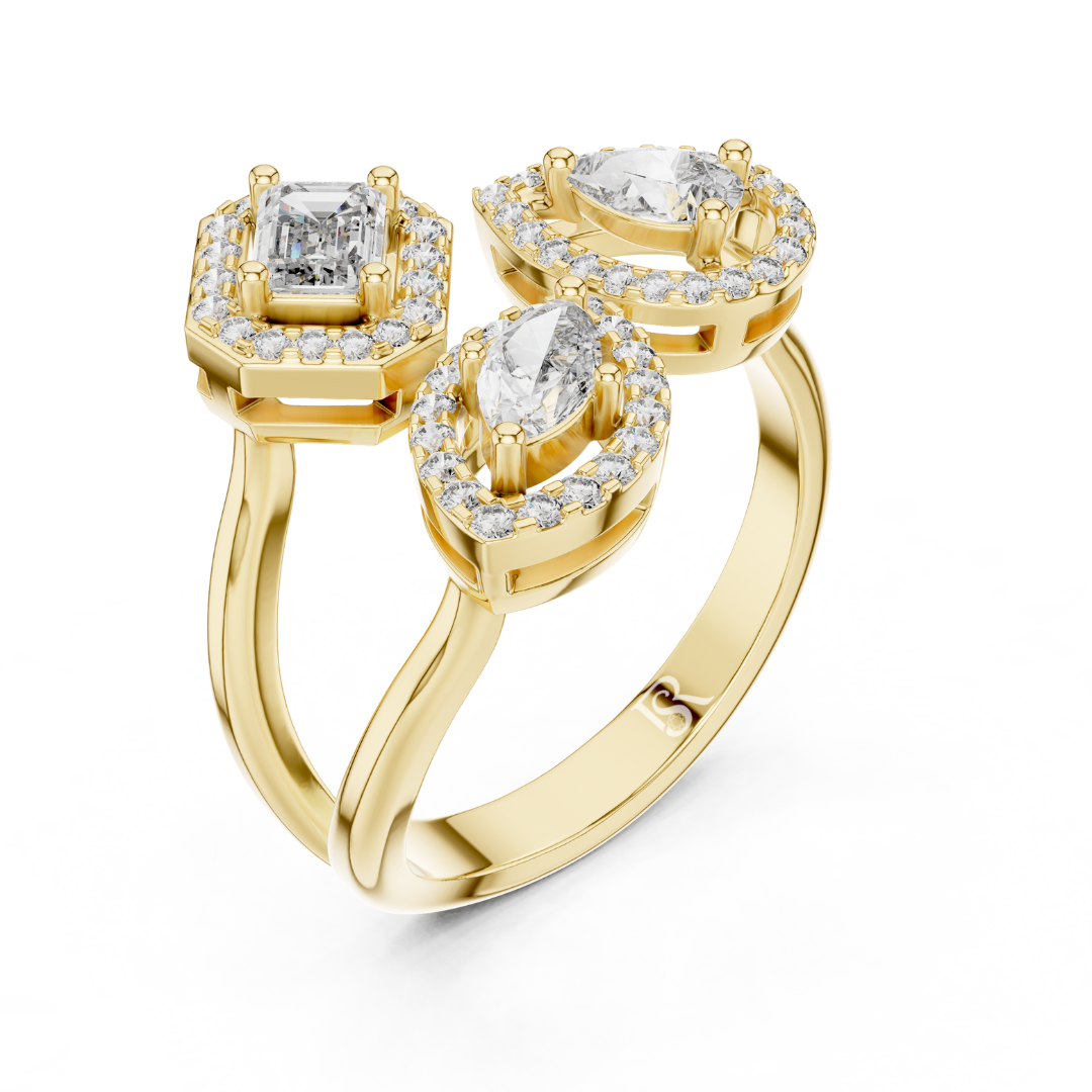 Yellow gold multi shape diamond halo ring
Triple halo diamond ring in yellow gold
Yellow gold ring with emerald and marquise diamonds
Multi stone diamond halo ring with split band
Luxury yellow gold statement diamond ring
Halo diamond ring with mixed diamond shapes
Elegant yellow gold designer halo ring
Modern multi shape diamond ring in gold
Yellow gold open style halo diamond ring
Split shank yellow gold multi diamond ring