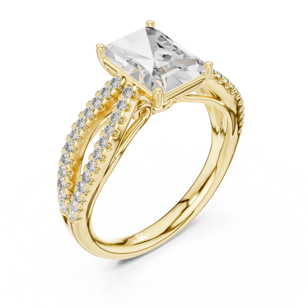 Angled side view radiant cut diamond ring in yellow gold
Yellow gold radiant diamond ring with split pave shank
Radiant cut diamond engagement ring angled side profile
Yellow gold radiant center stone ring with pave band
Side angle radiant diamond bridal ring in yellow gold
Yellow gold radiant diamond ring with double split shank
Elegant radiant cut ring with pave diamond detailing
Angled profile radiant diamond ring with polished gold band
Luxury yellow gold radiant cut diamond engagement ring
Yellow gold 