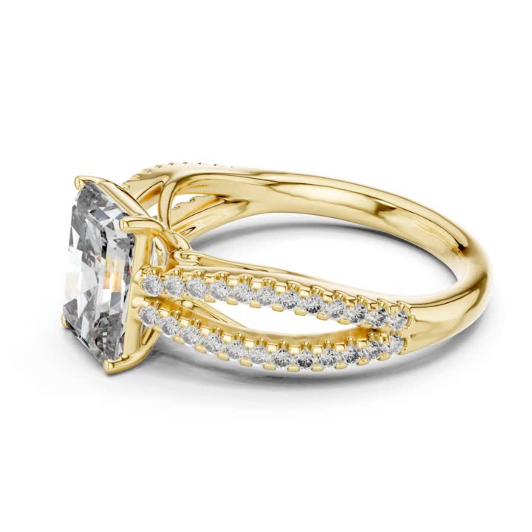 Side view radiant cut diamond engagement ring in yellow gold
Yellow gold radiant diamond ring with split pave band
Radiant cut diamond side profile ring with double shank
Yellow gold radiant diamond bridal ring side angle view
Side view radiant lab diamond ring with pave details
Yellow gold radiant diamond ring with crossover band
Elegant side profile radiant diamond statement ring
Radiant center stone ring with split shank in gold
Yellow gold radiant cut ring with pave side diamonds
Luxury radiant diamond 