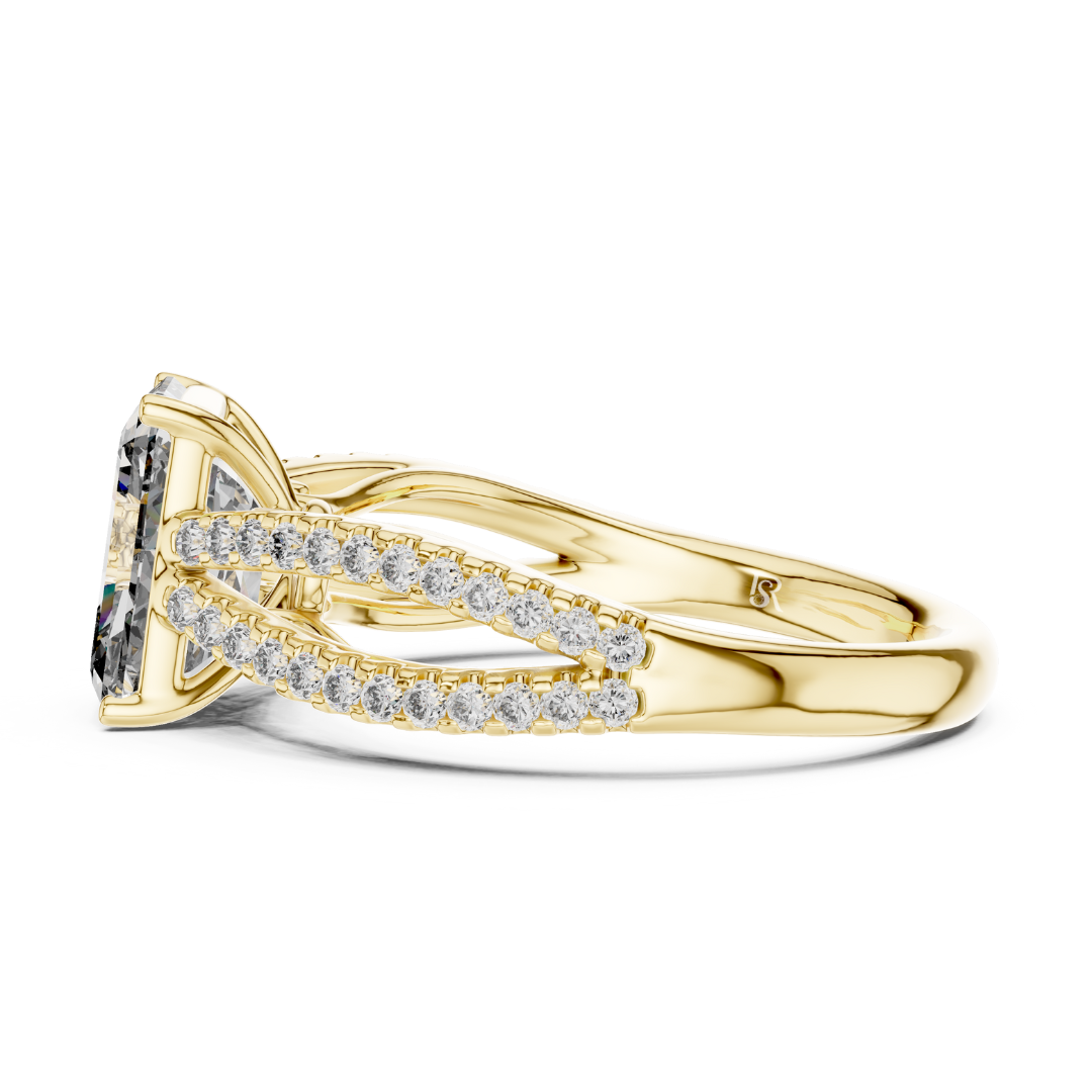 Yellow gold radiant diamond ring with split shank side view
Side profile radiant cut diamond ring in yellow gold
Yellow gold engagement ring with double pave split band
Radiant cut diamond side angle ring with pave detailing
Yellow gold radiant diamond bridal ring side profile
Split shank radiant diamond ring with polished gold band
Yellow gold side view ring with radiant center stone
Elegant radiant diamond ring with curved split shank
Luxury yellow gold radiant cut ring with pave accents
Side angle radian
