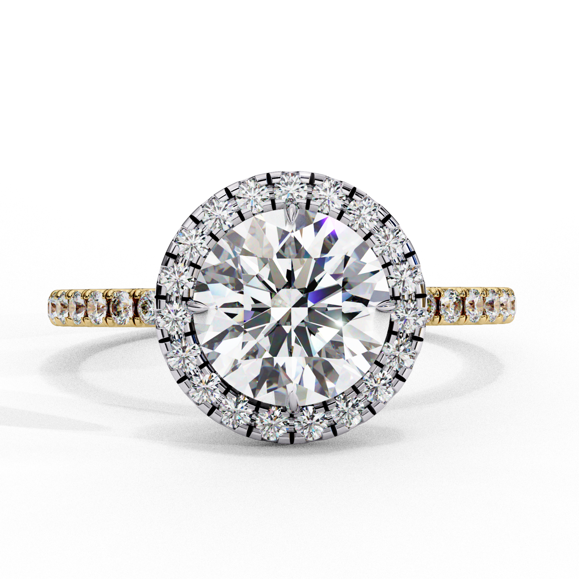 Round diamond surrounded by smaller diamonds
Yellow gold ring with round diamond center
Halo setting with round diamond centerpiece
Side view of round diamond in yellow gold
Gold band with round diamond and small accents
Round diamond surrounded by diamond halo
Yellow gold ring with central round diamond
Close up of round diamond with surrounding stones
Yellow gold band with circular diamond pattern
Round diamond ring with halo in yellow gold