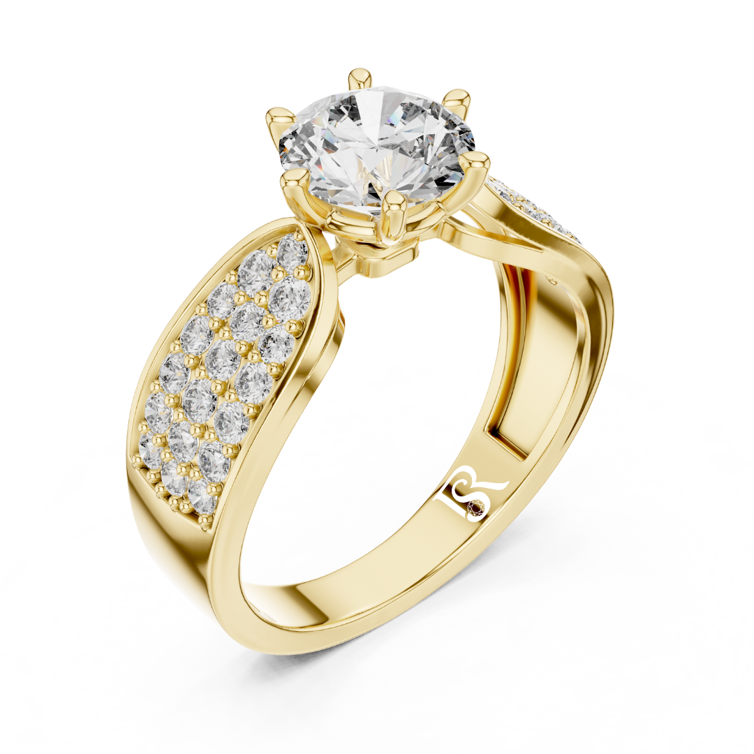 Yellow gold round diamond ring side view
Round diamond yellow gold pave band ring
Yellow gold diamond ring angled view
Pave side yellow gold diamond ring
Round diamond ring with side stones
Yellow gold round diamond band detail
Side profile round diamond gold ring
Yellow gold diamond ring close angle
Pave band round diamond ring view
Yellow gold round diamond ring design