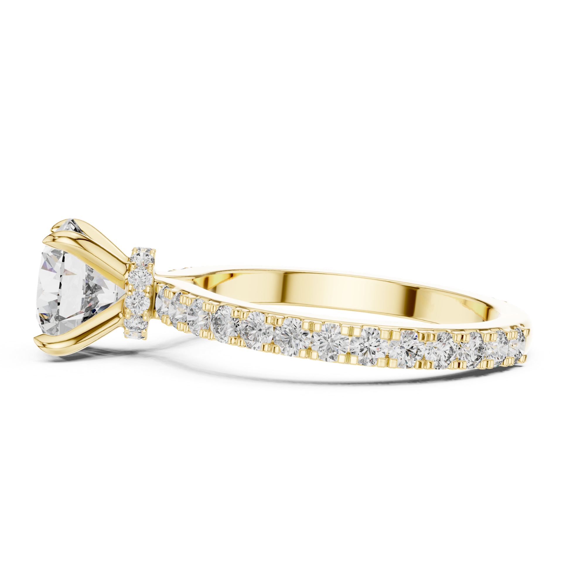 Yellow gold round solitaire diamond ring side angle
Round diamond ring with double pave band
Yellow gold engagement ring profile detail
Round brilliant diamond ring side perspective
Hidden halo round diamond ring in yellow gold
Yellow gold pave diamond shank ring
Round cut diamond solitaire ring gallery view
Four prong round diamond ring side profile
Yellow gold round diamond ring side detail
Classic round diamond ring with pave setting