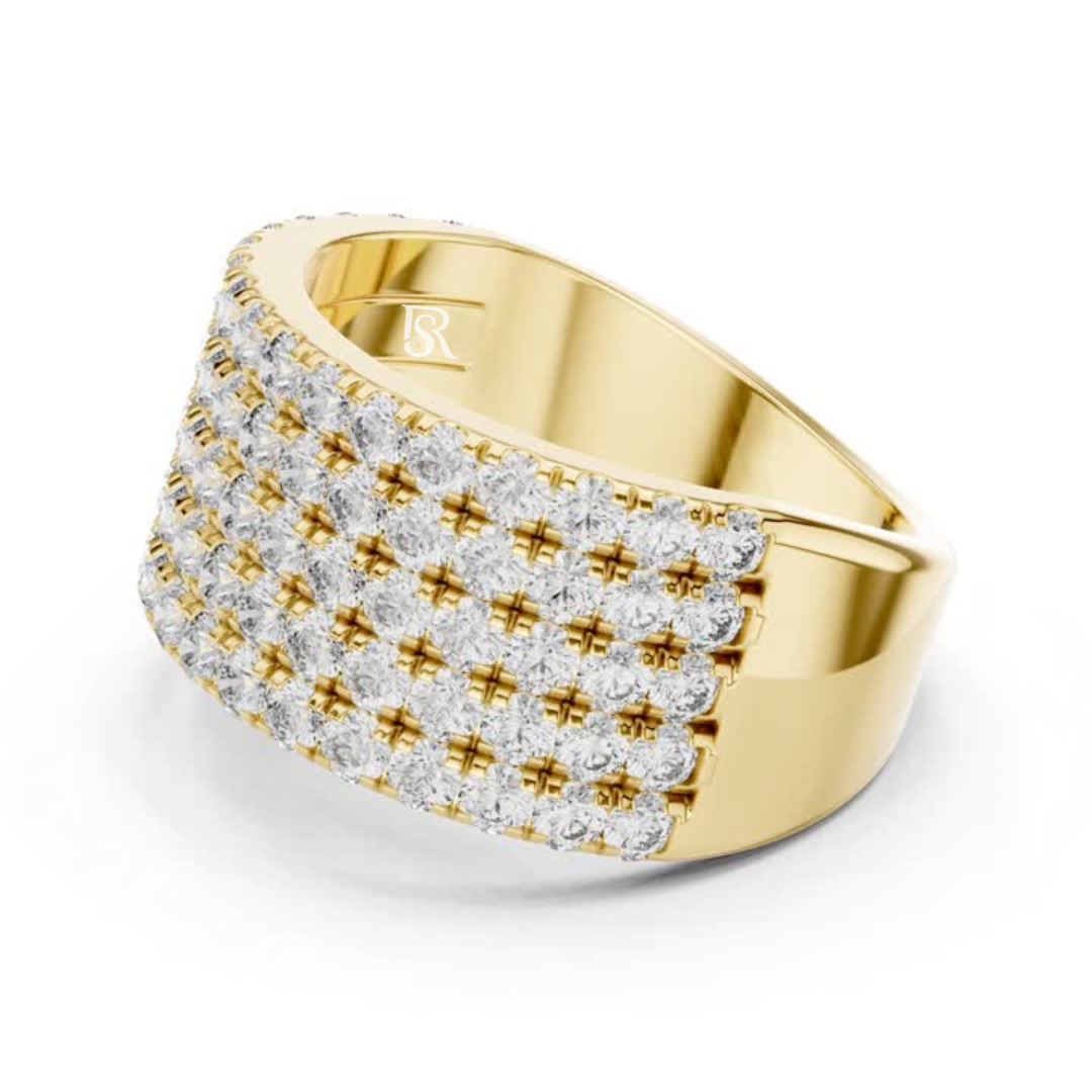 Side view yellow gold multi row Pave diamond band ring
Yellow gold wide diamond ring side angle view
Side profile yellow gold statement diamond band
Yellow gold multi layer diamond ring with round stones
Angled yellow gold Pave diamond anniversary ring
Yellow gold luxury wide diamond band side perspective
Side angle yellow gold layered diamond fashion ring
Bold yellow gold multi row diamond band profile
Yellow gold round brilliant diamond side view ring
Side perspective yellow gold wide Pave diamond band