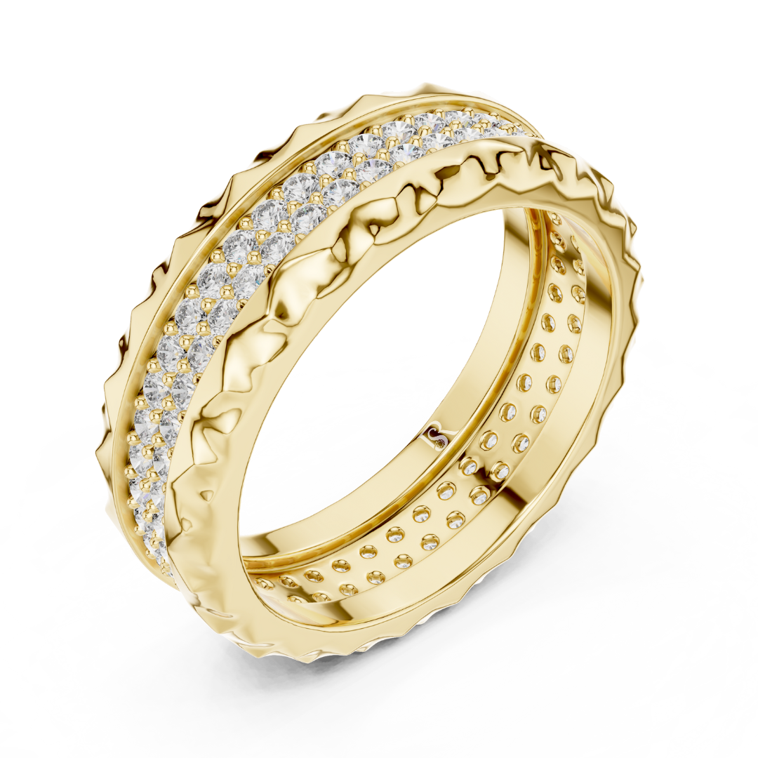Yellow gold eternity ring with textured diamond band
Round diamond eternity band in polished yellow gold
Yellow gold pave diamond ring with carved texture
Modern yellow gold eternity ring with round diamonds
Luxury yellow gold band with sparkling diamond rows
Textured yellow gold ring with continuous round diamonds
Elegant yellow gold diamond eternity band design
Wide yellow gold ring with pave set round diamonds
Yellow gold anniversary band with textured edges
Statement yellow gold diamond ring with bold t