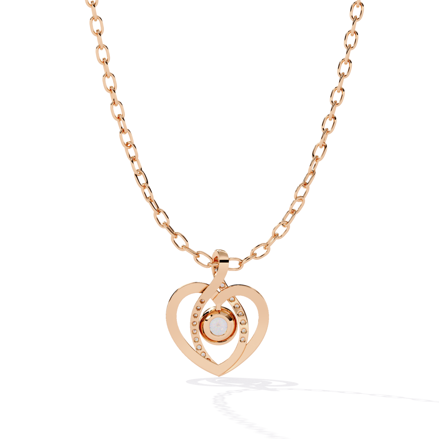 rose gold heart pendant featuring backside view with exposed stone setting and smooth polished frame