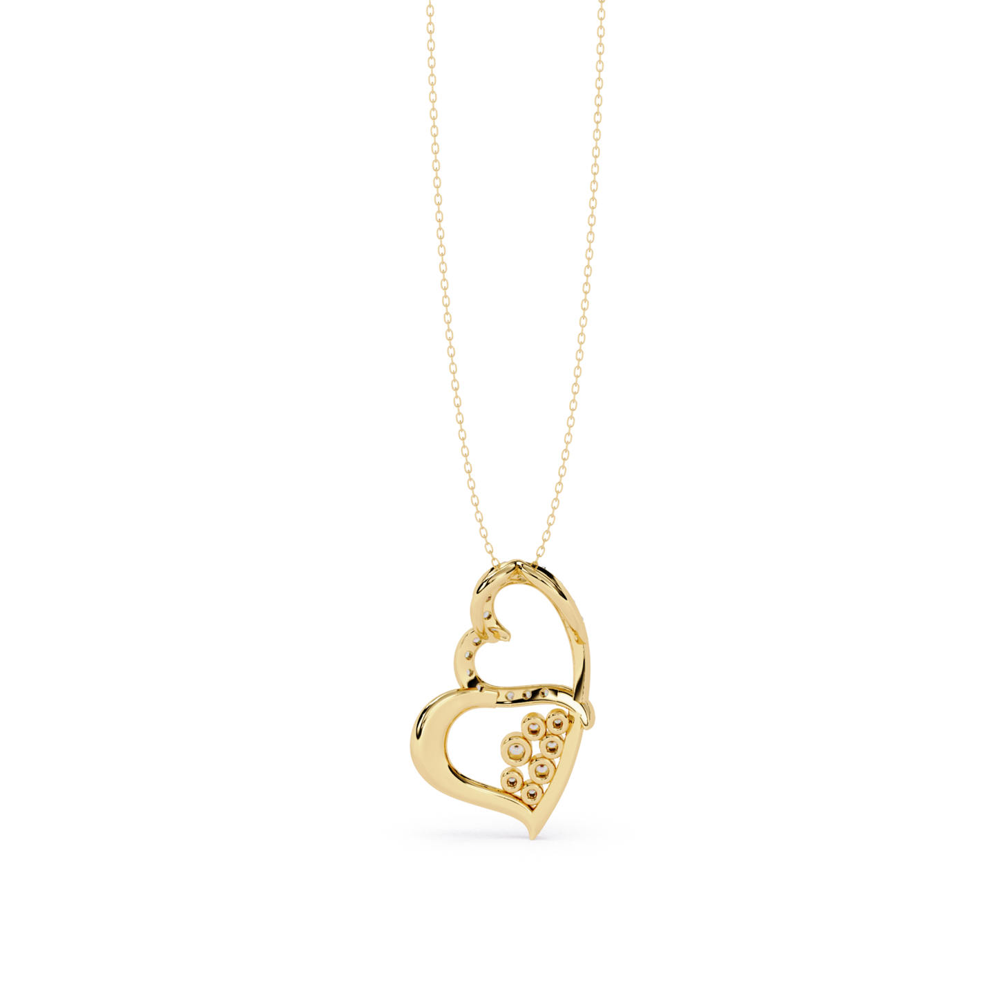 back view of yellow gold heart shaped diamond pendant with chain featuring round cut diamonds set in pave style along the heart curve with smooth polished gold edges