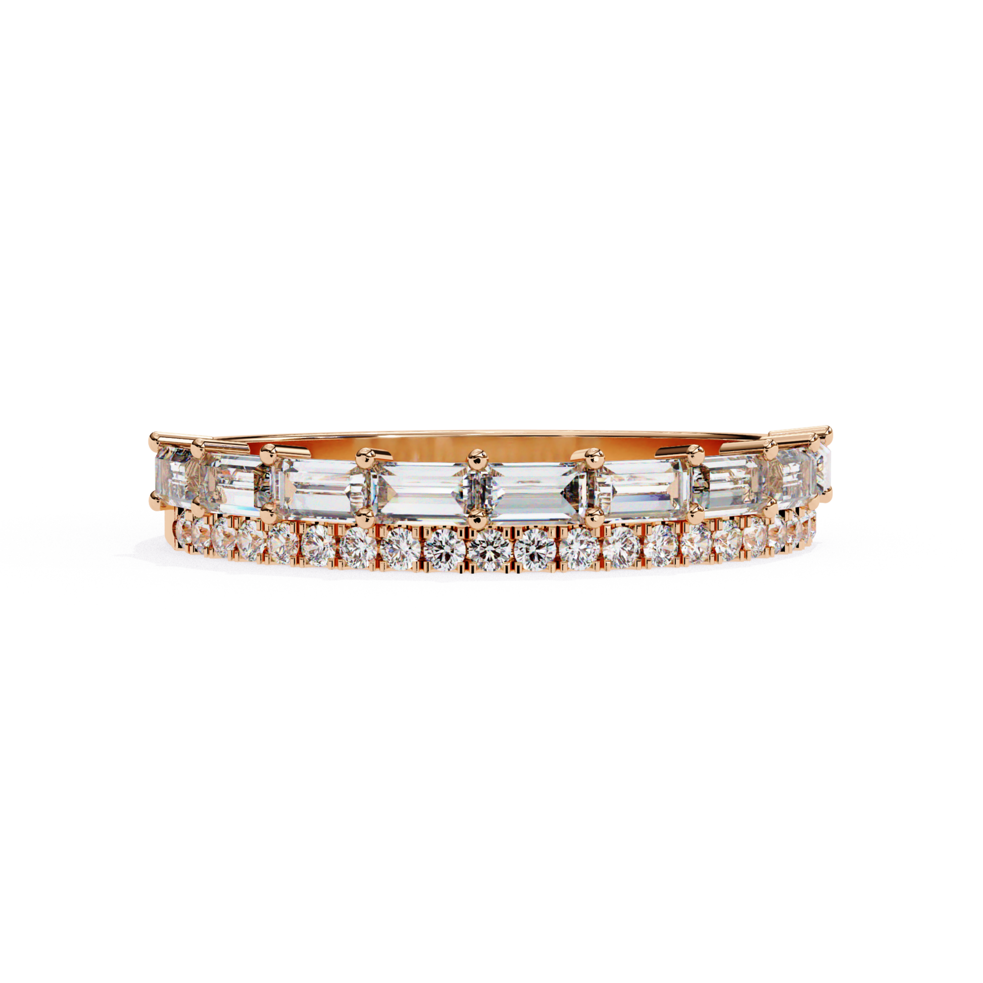 Front view of a rose gold band with baguette diamonds and a row of round stones