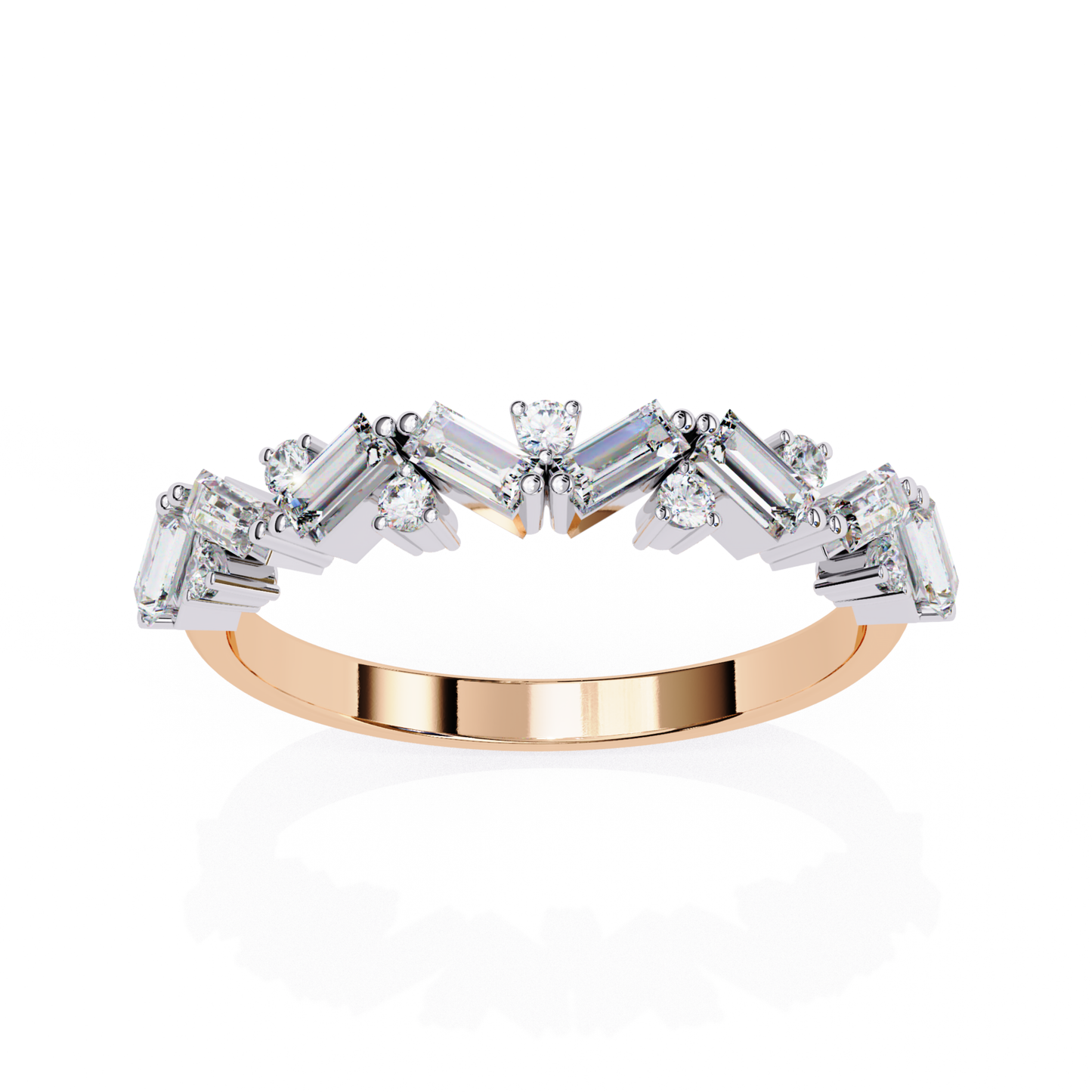 Side view of a rose gold band with baguette diamonds and round stones in a curved design